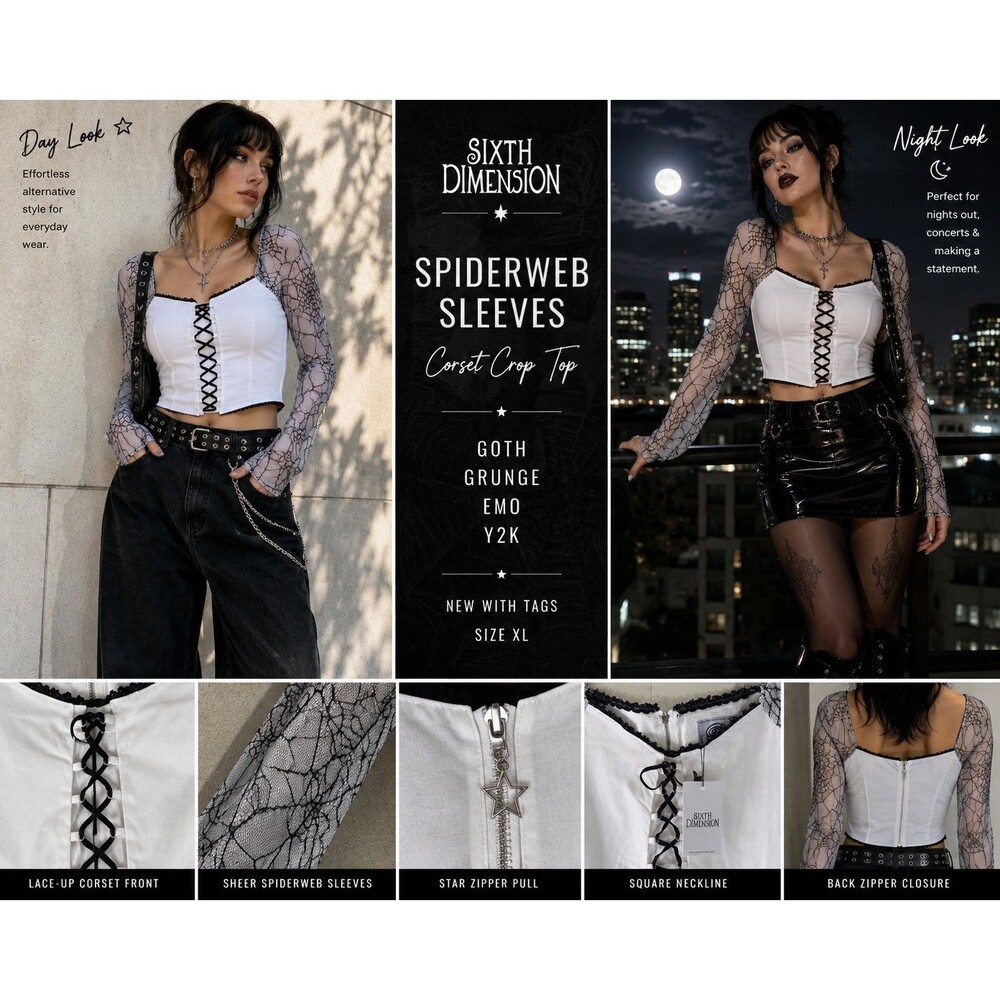 New Sixth Dimension Women XL Spiderweb Sleeves Corset CropTop Goth Grunge Emo
